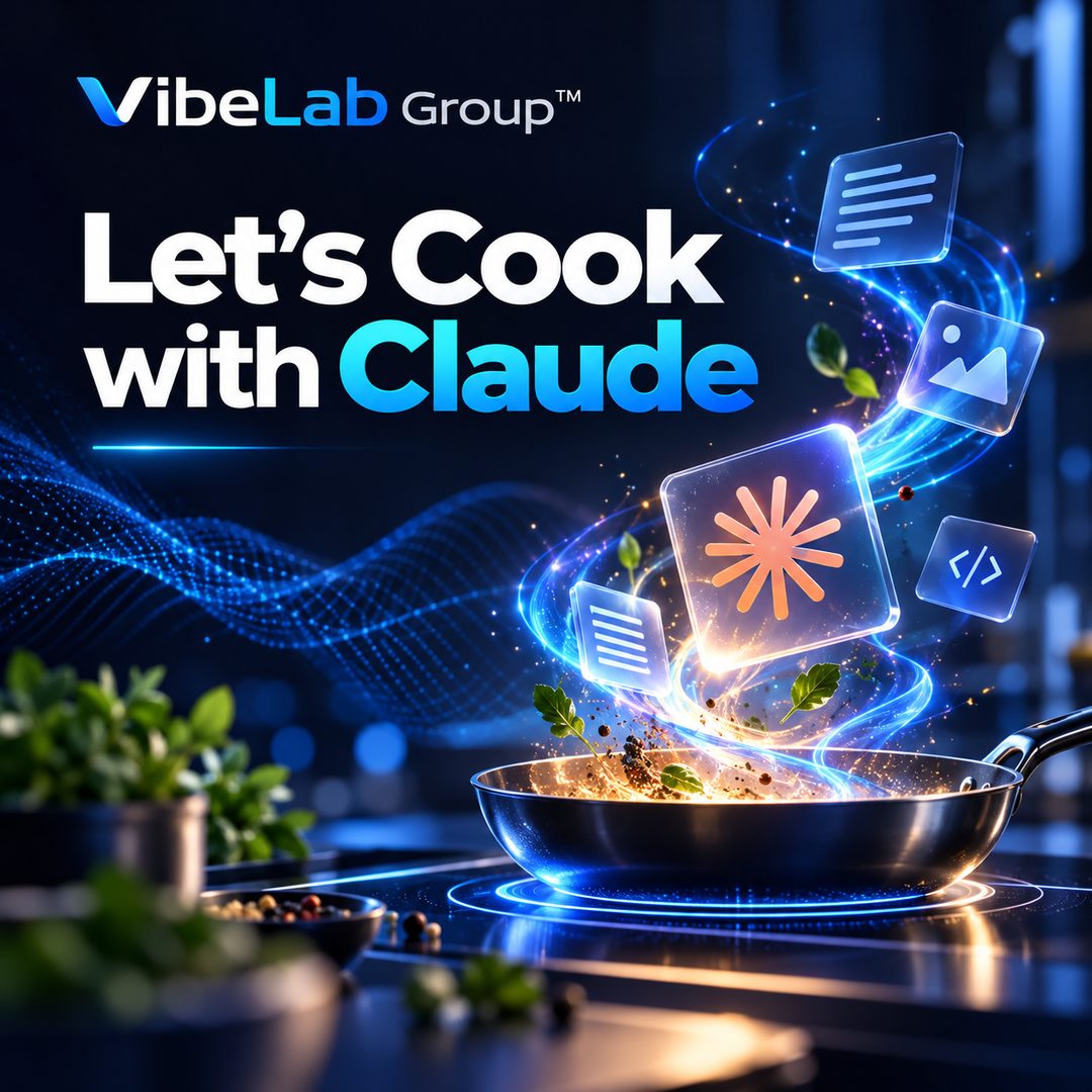VibeLab Group graphic reading 'Let's Cook with Claude': a pan on a glowing stovetop with documents, images, code and the Claude spark icon swirling out of it like ingredients.
