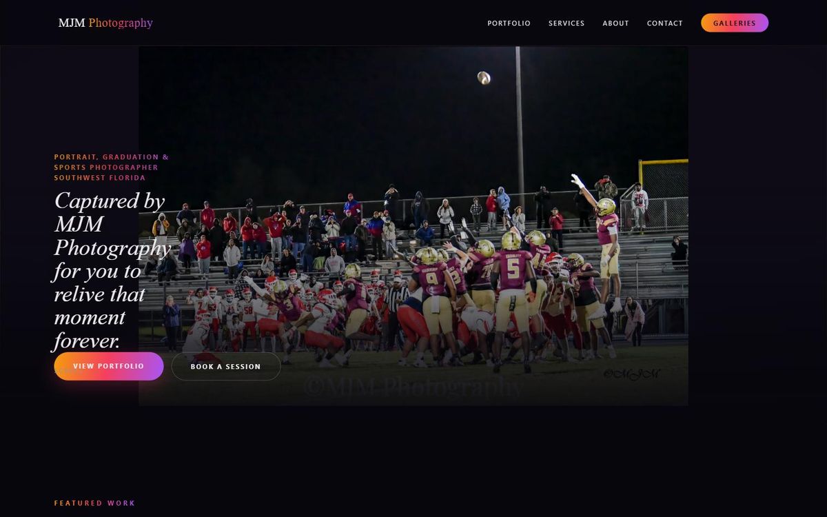 The MJM Photography homepage, with a full-bleed sports photo behind the headline and buttons to view the portfolio or book a session.