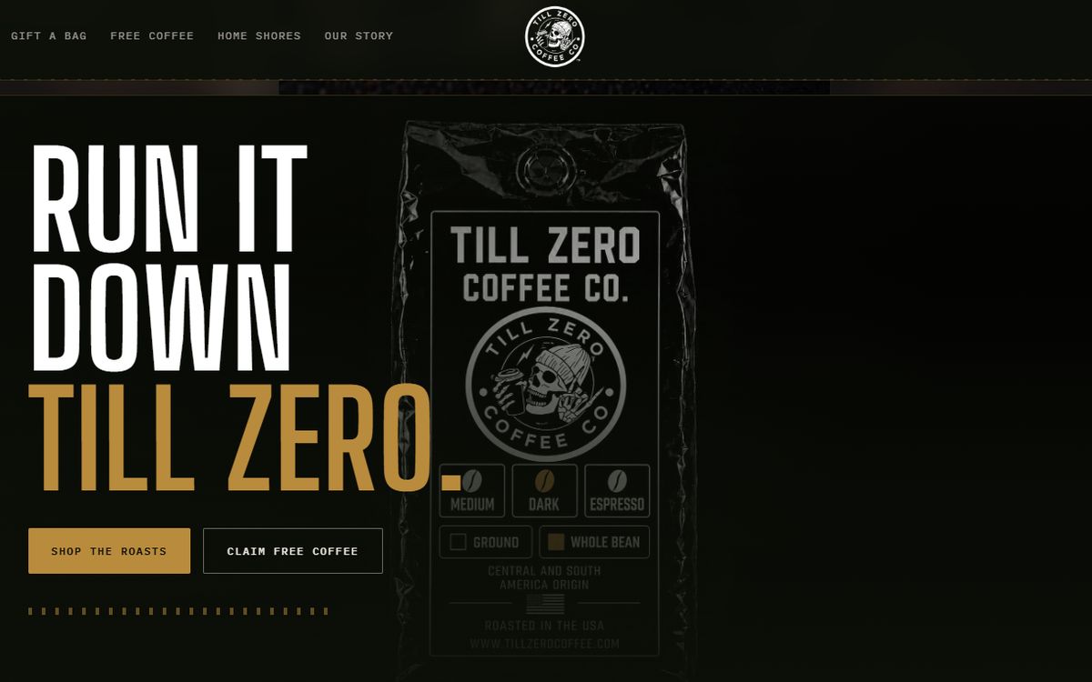 The Till Zero Coffee Co. storefront, showing the roast lineup and the free-coffee offer for service members.